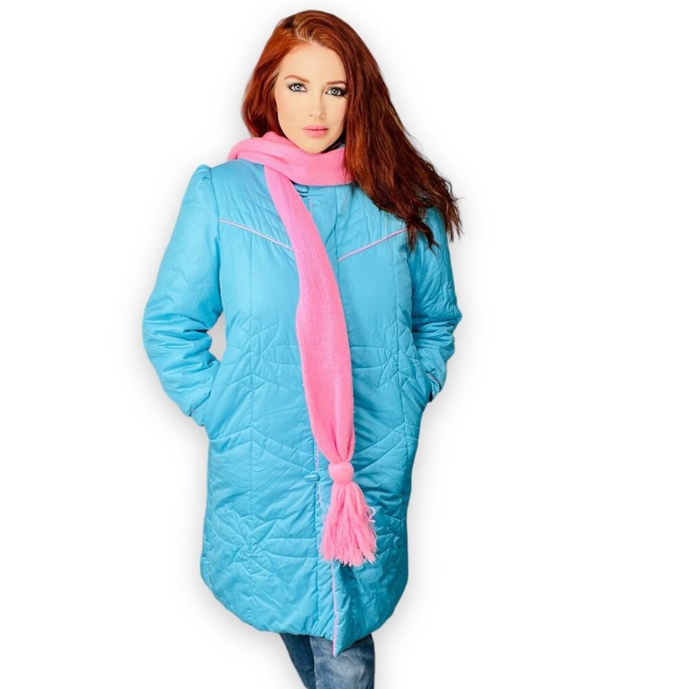 Vintage Silver Unicorn Pastel Blue + Pink Barrel Puffer Coat + Scarf Y12 / XXS P
